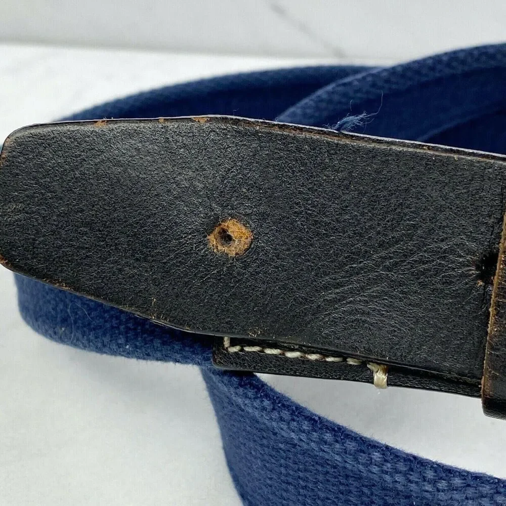 Hunt Club Blue Web Belt Brown Leather Trim Silver Buckle Size 40 ✨